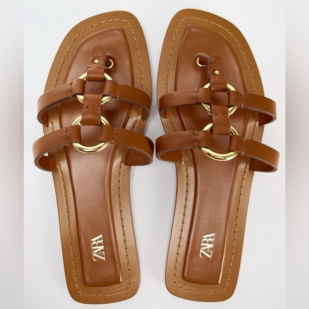 Zara Women’s Leather Sandals with Embellished Medal Details Brown size 42 US 11 - Picture 1 of 10